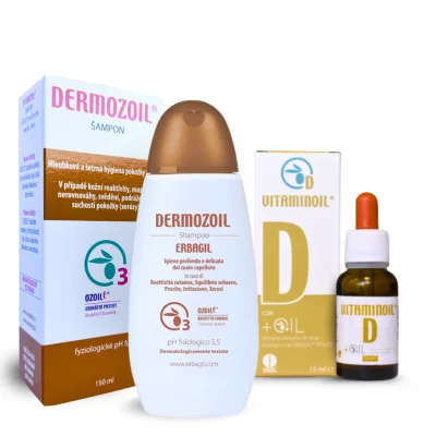 Sada produktov Dermozoil šampón a Vitaminoil D3 kvapky pre zdravú pokožku hlavy bez lupín a podráždenia.
