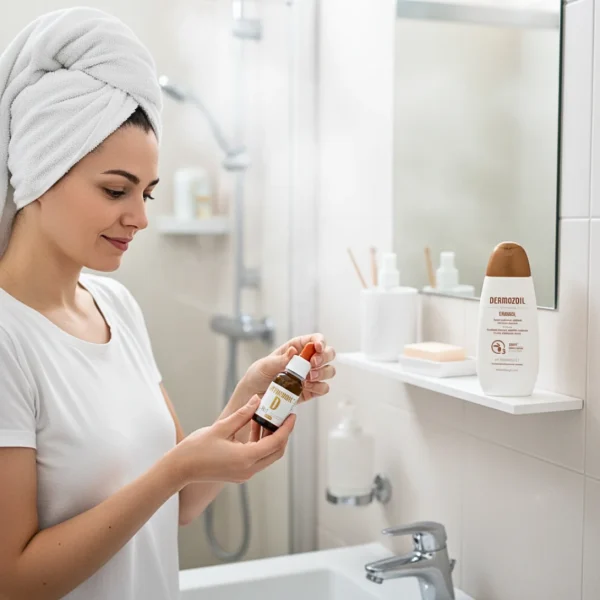 Ukážka použitia Vitaminoil na posilnenie imunity po umývaní vlasov.